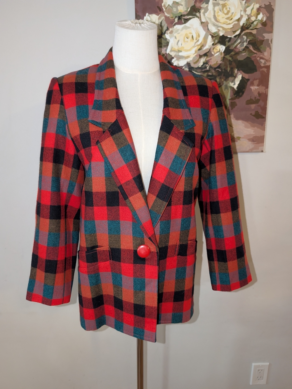 Plaid Wool Single-Button Blazer